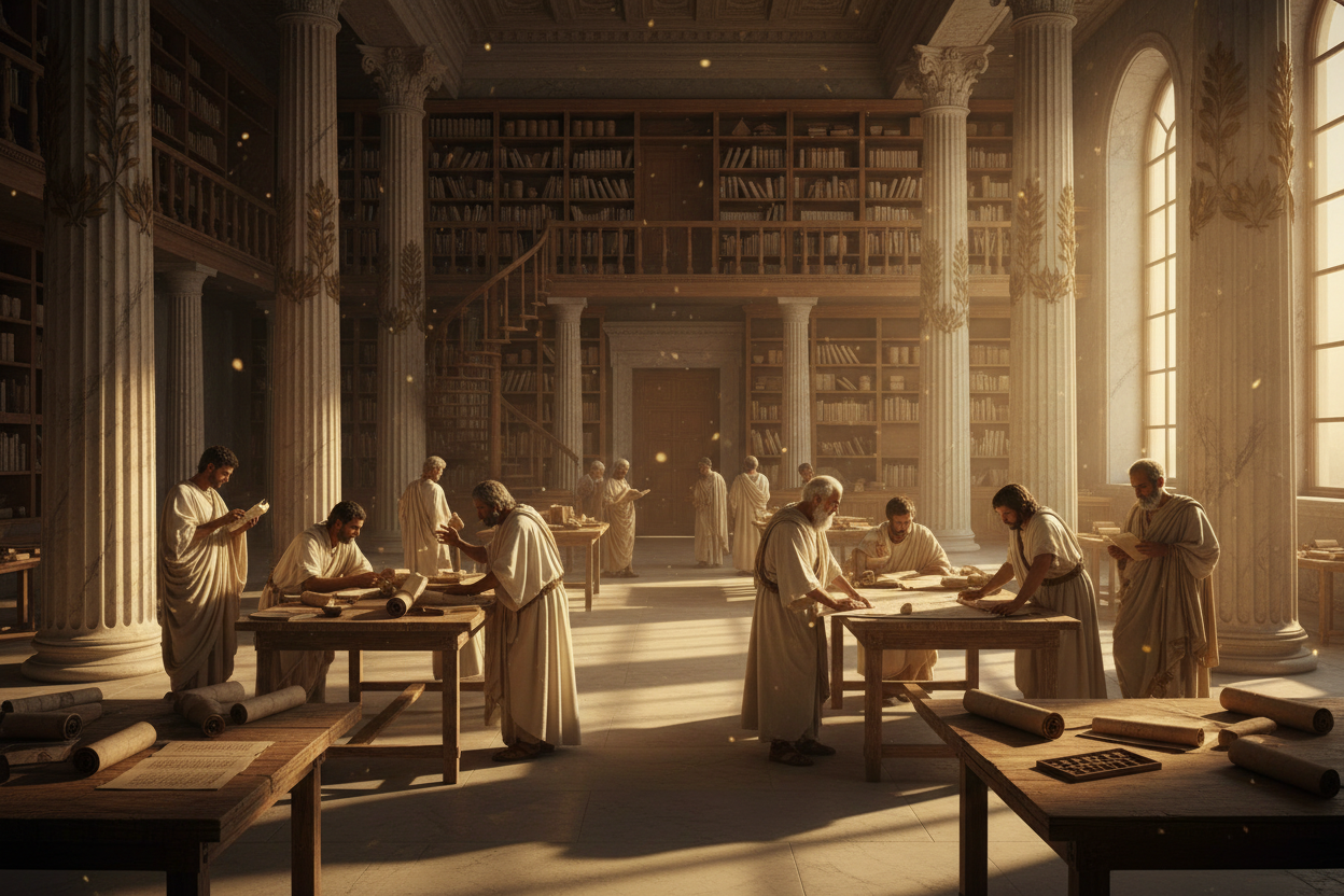 Biblioteca griega con filósofos estudiando