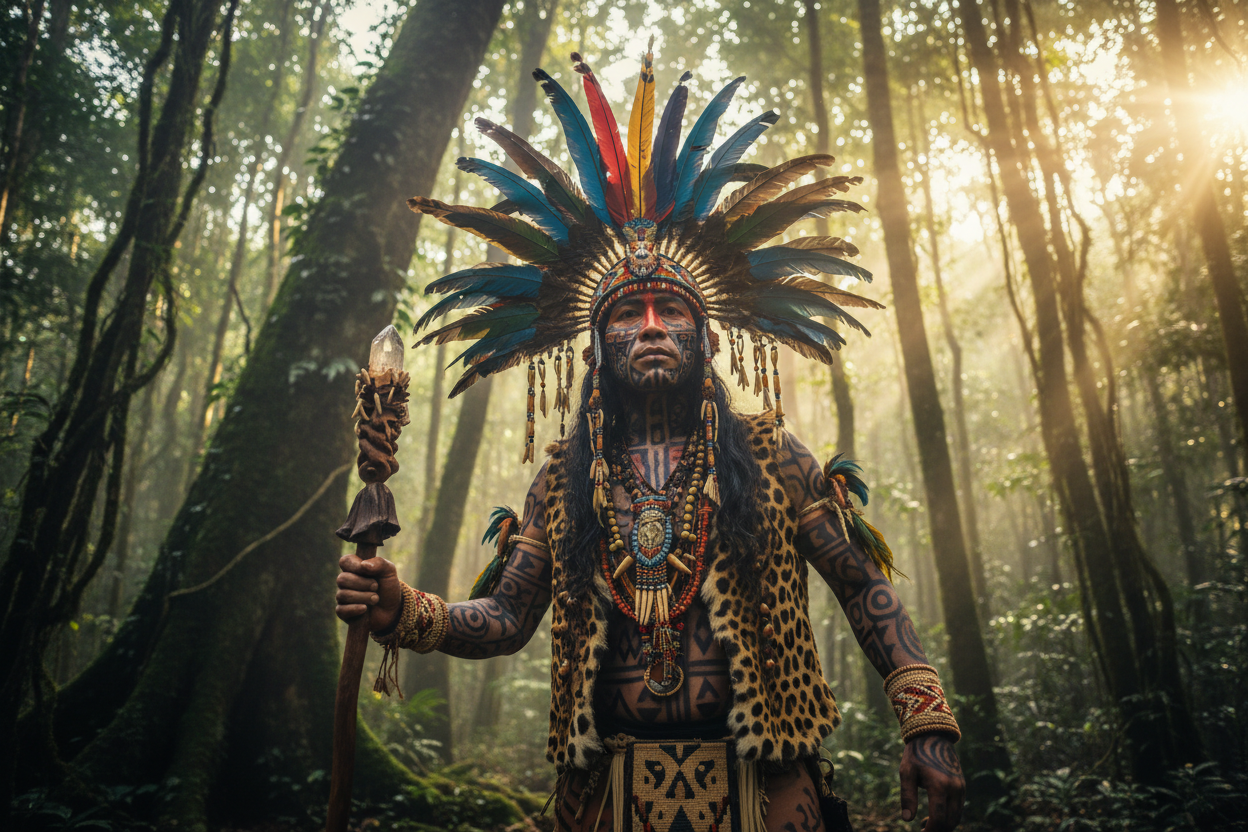 Chamán del Amazonas con vestimentas tradicionales
